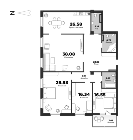 NEVA HAUS, Корпус 1, 4 спальни, 179.69 м² | планировка элитных квартир Санкт-Петербурга | М16